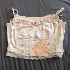 Floral Lace-Trim Pink Cream Tank Top